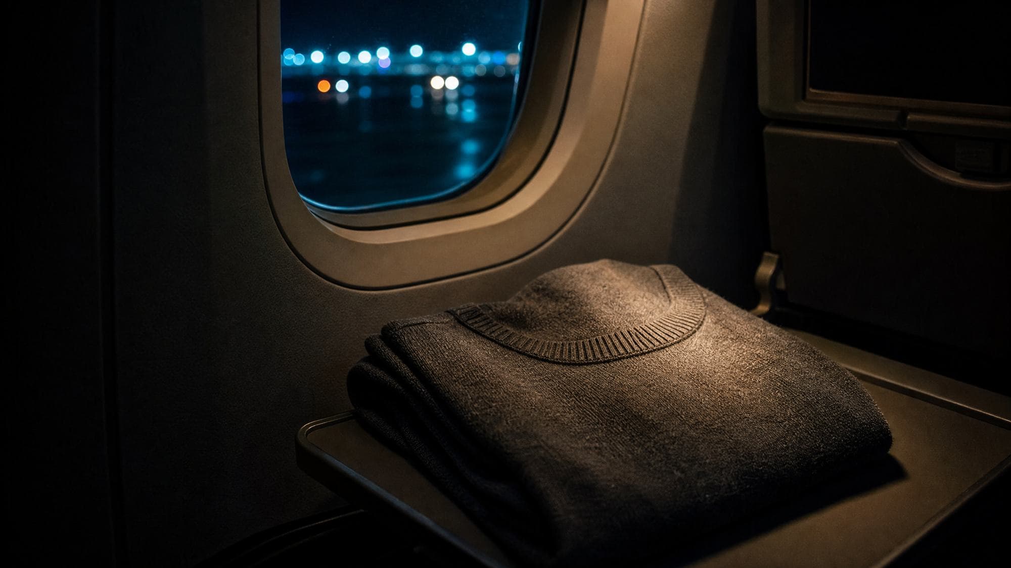 A folded merino knit resting on a tray table beside a dark aircraft window at night